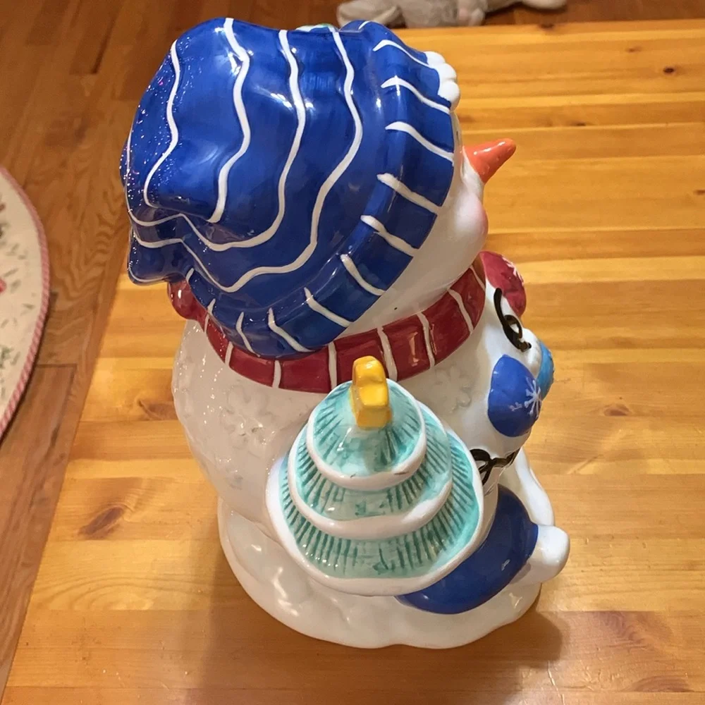 Vintage Houston Harvest, Snowman cookie jar, Blue Willow, EUC